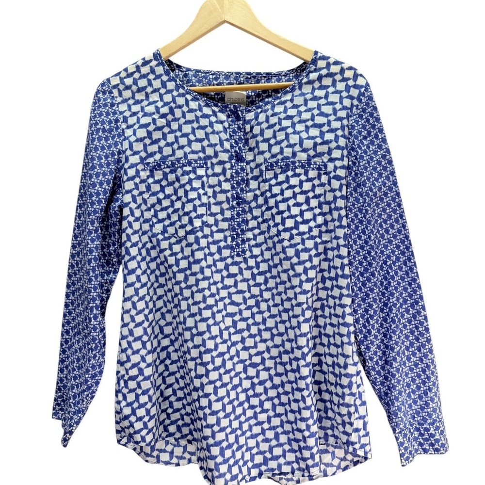 Chico's 1 Henley Top Women 8 | M Blue Geometric Cotton Lightweight Boho Pockets